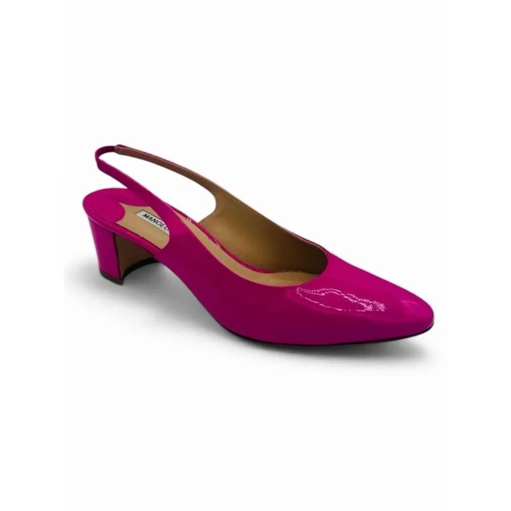 Manolo Blahnik Hot Pink Slingback Block Heel Patent Leather Size 38/ US 8